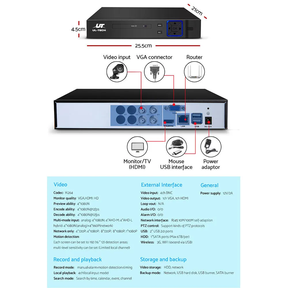 1080p 4CH DVR 4-Camera CCTV Security System, Remote Access UL-tech