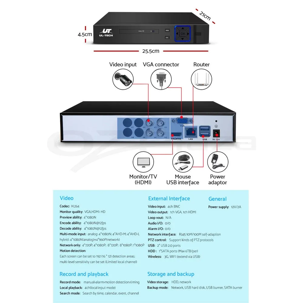 1080P 4CH DVR CCTV System 4 Cameras, Night Vision, 4TB UL-Tech