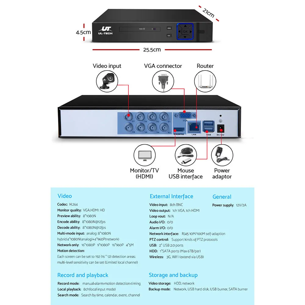 1080P HD 8CH DVR CCTV Security System, 4 Cameras, UL-Tech