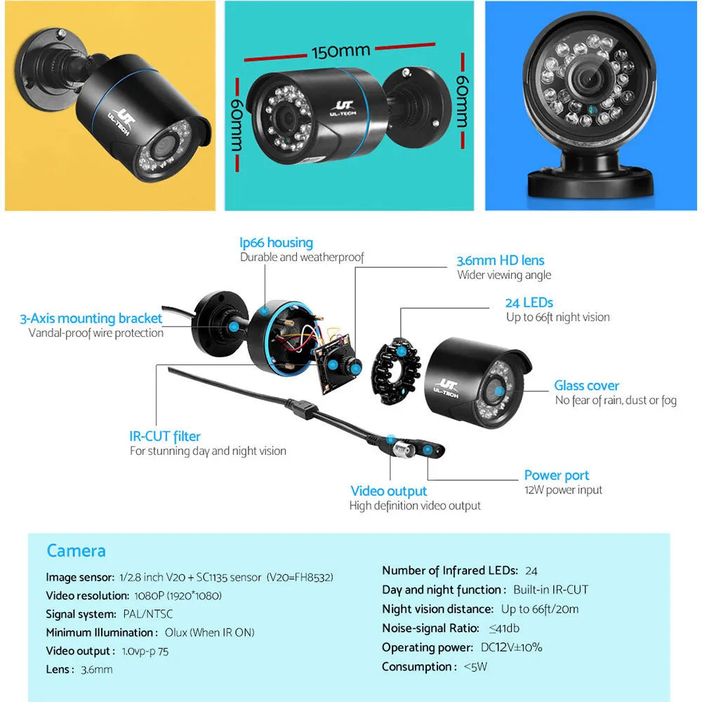 1080p HD Security System, 4 Cameras, Night Vision - UL-tech