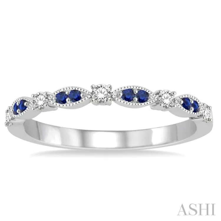 1/6 Ctw Round Cut Diamond and 1.35mm Sapphire Precious Stone Wedding Band in 14K White Gold