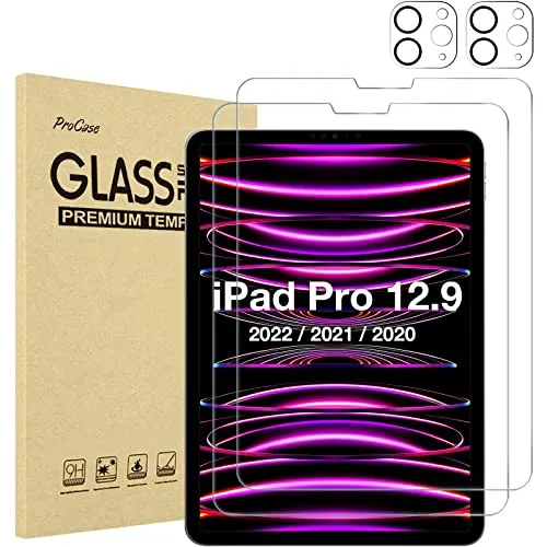 (2 2 Pack) iPad Pro 12.9" 2022/ 2021/ 2020 Tempered Glass Screen Protector with Camera Lens Protector | ProCase