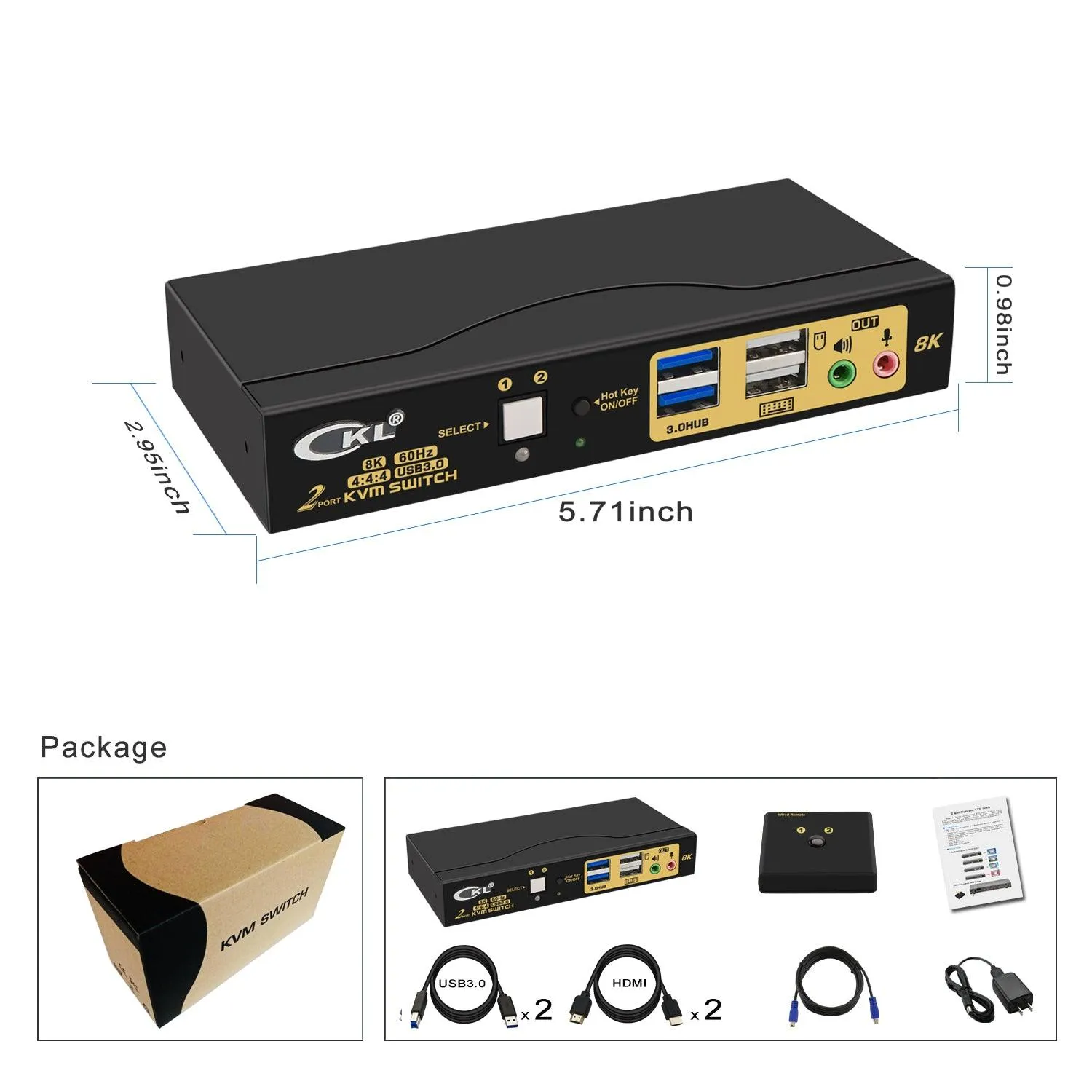 2 Port USB 3.0 KVM Switch Single Monitor HDMI 2.1 8K@60Hz 4K@144Hz for 2 Computers 1 Monitors CKL-62HUA-4