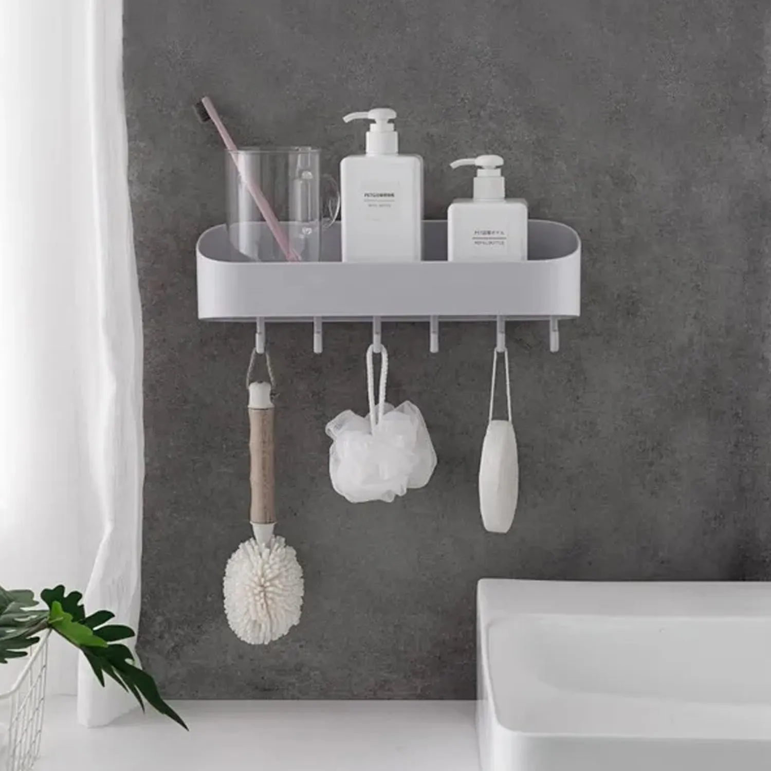 4712 BATHROOM KITCHEN SHELF PLASTIC WALL STORAGE ORGANIZER WITH 6 HOOKS WITHOUT DRILL SELF ADHESIVE AND MAGIC STICKER