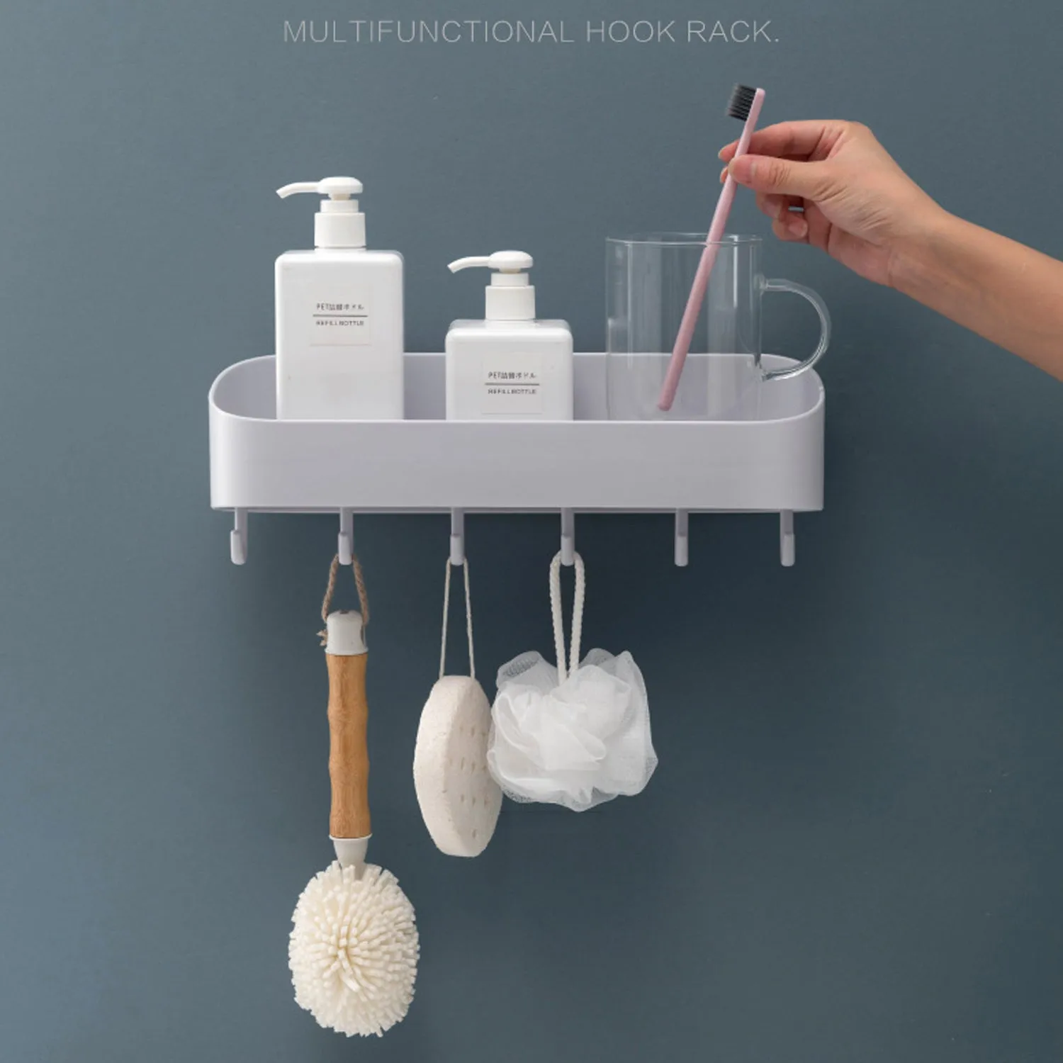 4712 BATHROOM KITCHEN SHELF PLASTIC WALL STORAGE ORGANIZER WITH 6 HOOKS WITHOUT DRILL SELF ADHESIVE AND MAGIC STICKER