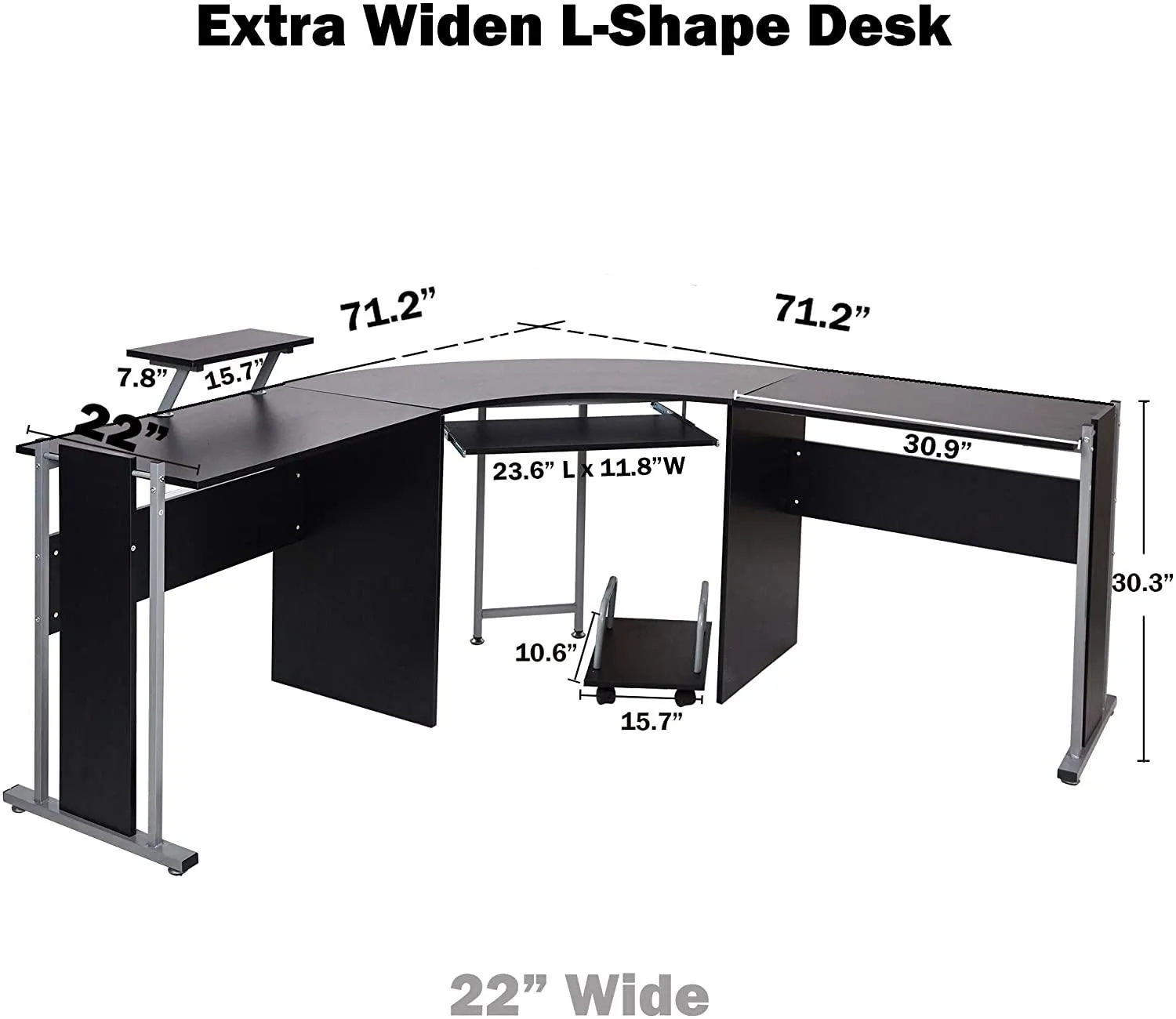 71" L Shaped Gaming Desk with Monitor Stand Keyboard Tray Home Office Large Computer Corner Desk, Black