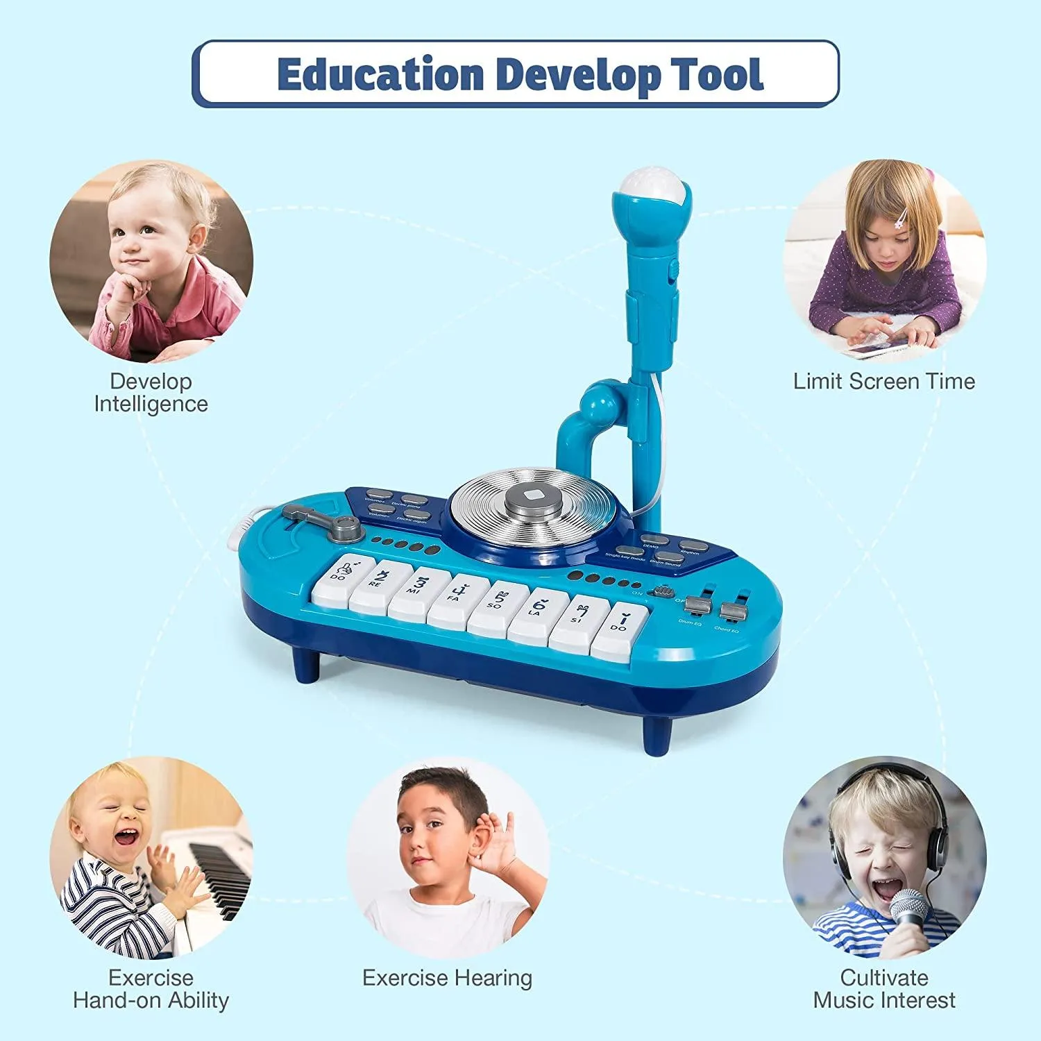 8 Keys Piano Toy Keyboard for Baby & Toddlers with DJ & Microphone, Educational Musical Instruments, Blue