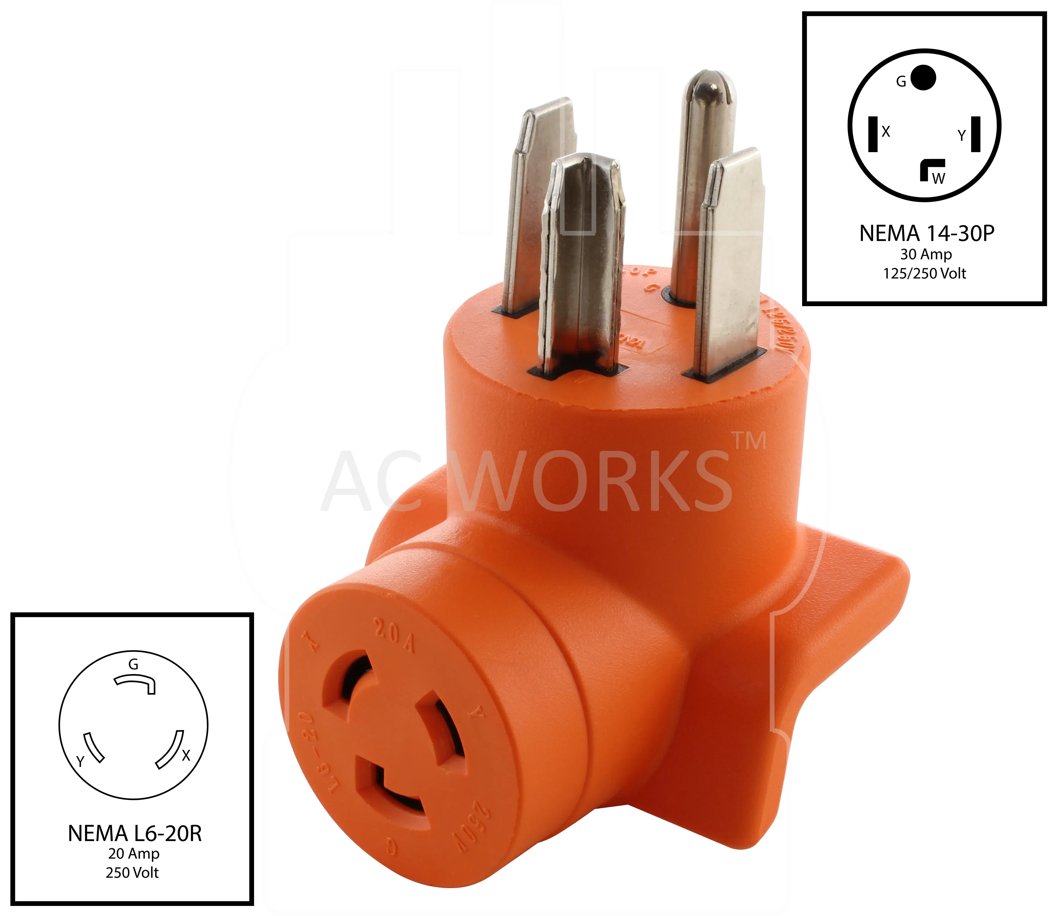 AC WORKS® [AD1430L620] Adapter NEMA 14-30P Dryer Plug to NEMA L6-20R Power Tools/Welder Connector