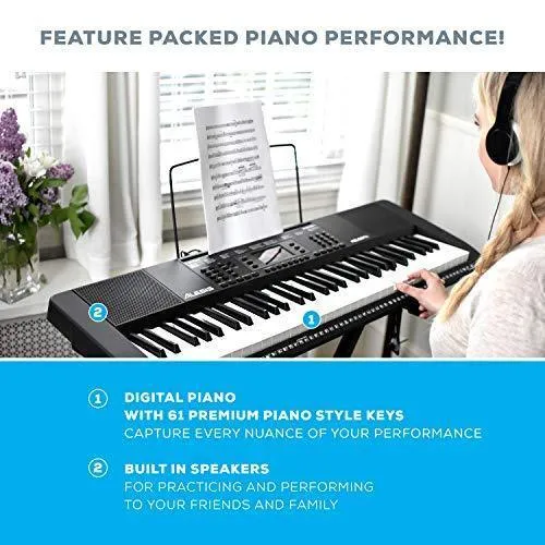 Alesis Melody 61 MKII - 61 Key Music Keyboard / Digital Piano with Built-In Speakers, Headphones, Microphone, Piano Stand, Music Rest and Stool