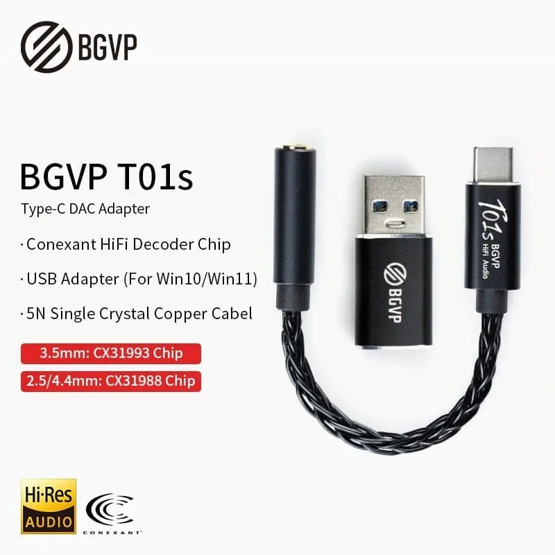 BGVP T01s Dac Decoding Audio HiFi Earphone Amplifier USB Type-C To 2.5/3.5/4.4 / Lightning To 3.5