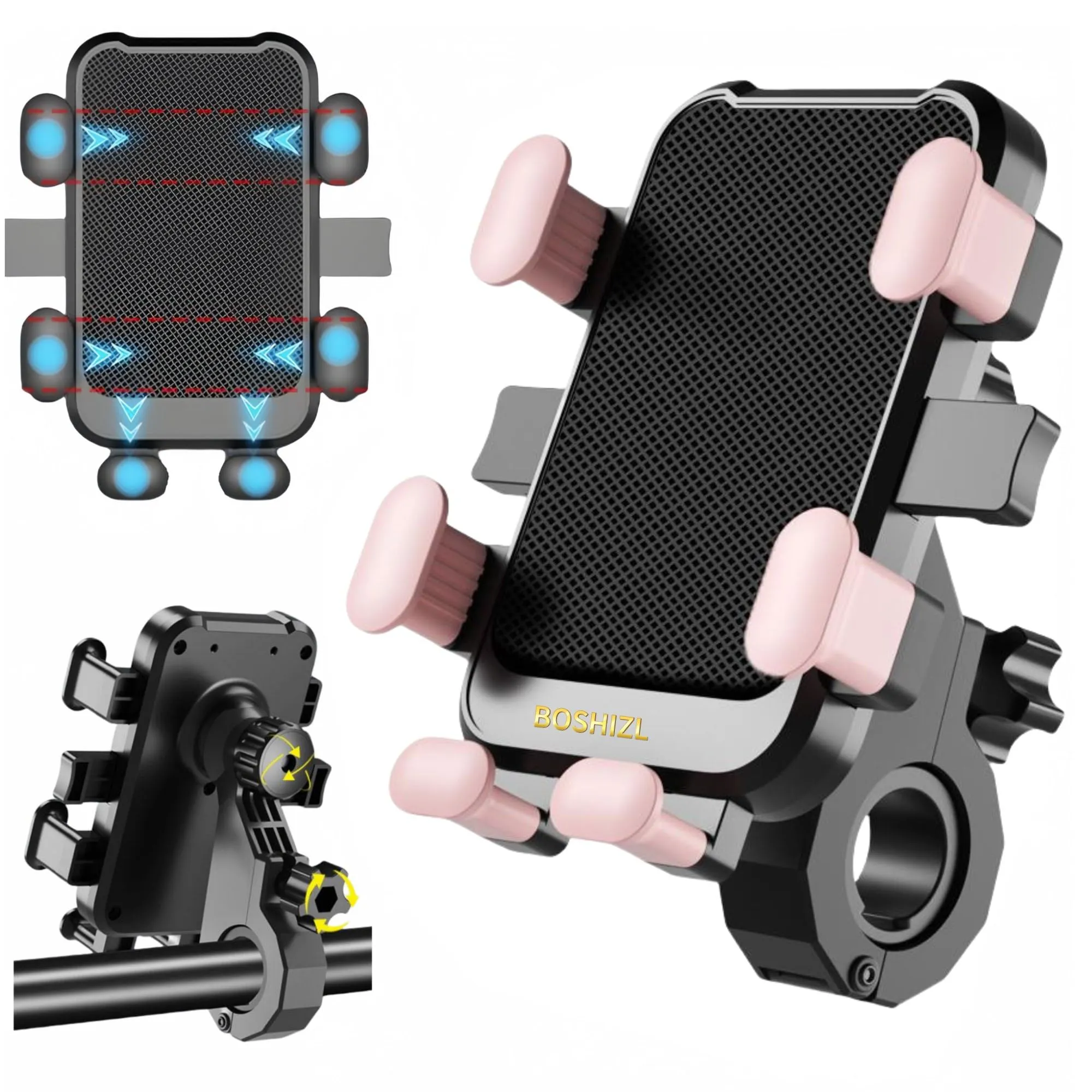 BOSHIZL Six Claws Motorcycle Bike Bicycle Harley Electrical Scooter Cell Phone Handlebar Holders for Mounting Compatible 4.5" to 7.0" (Pink)