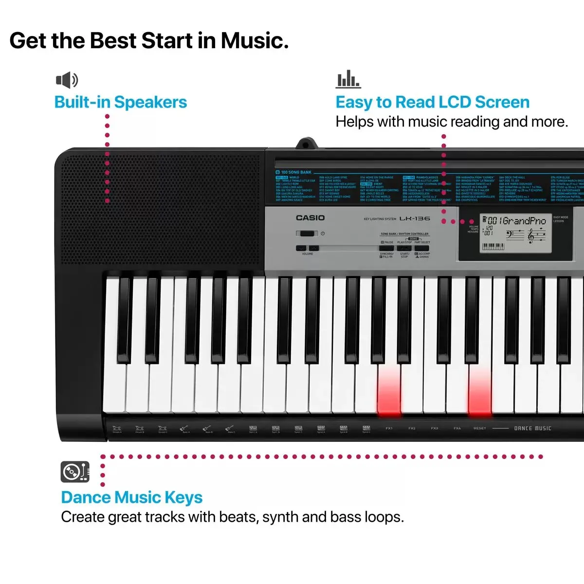 Casio LK136 Portable Key-Lighting Keyboard | 61 Keys, 120 Tones, 70 Rhythms, Dance Music Mode, Lessons & Warranty