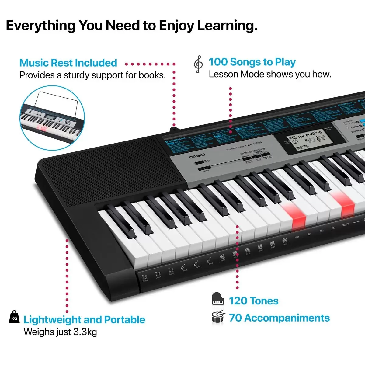 Casio LK136 Portable Key-Lighting Keyboard | 61 Keys, 120 Tones, 70 Rhythms, Dance Music Mode, Lessons & Warranty