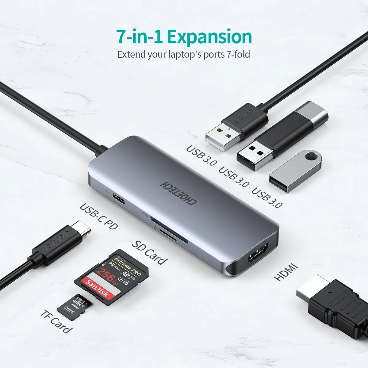 CHOETECH HUB-M19 USB C Hub 7-in-1 Type C Adapter with PD 100W 4K HDMI 3 USB Port