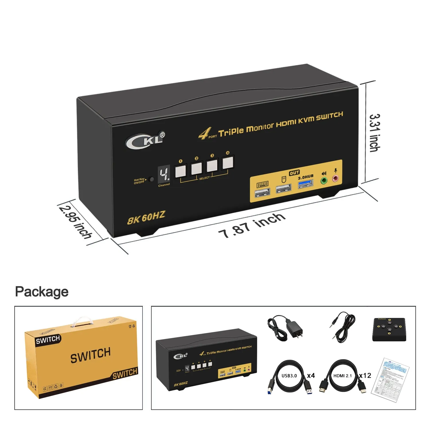 CKL 4 Port Triple Monitor USB 3.0 KVM Switch HDMI 2.1 8K 60Hz 4K 120Hz 144Hz with EDID, PC Screen Keyboard Mouse Peripheral Audio Sharing Selector Box for 4 Computers 3 Monitors (943HUA-5)