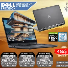 Dell Precision 7700 Series Core i7-6820hq Vga Nvidia Quadro P3000 17.3” Laptops (Open Box)