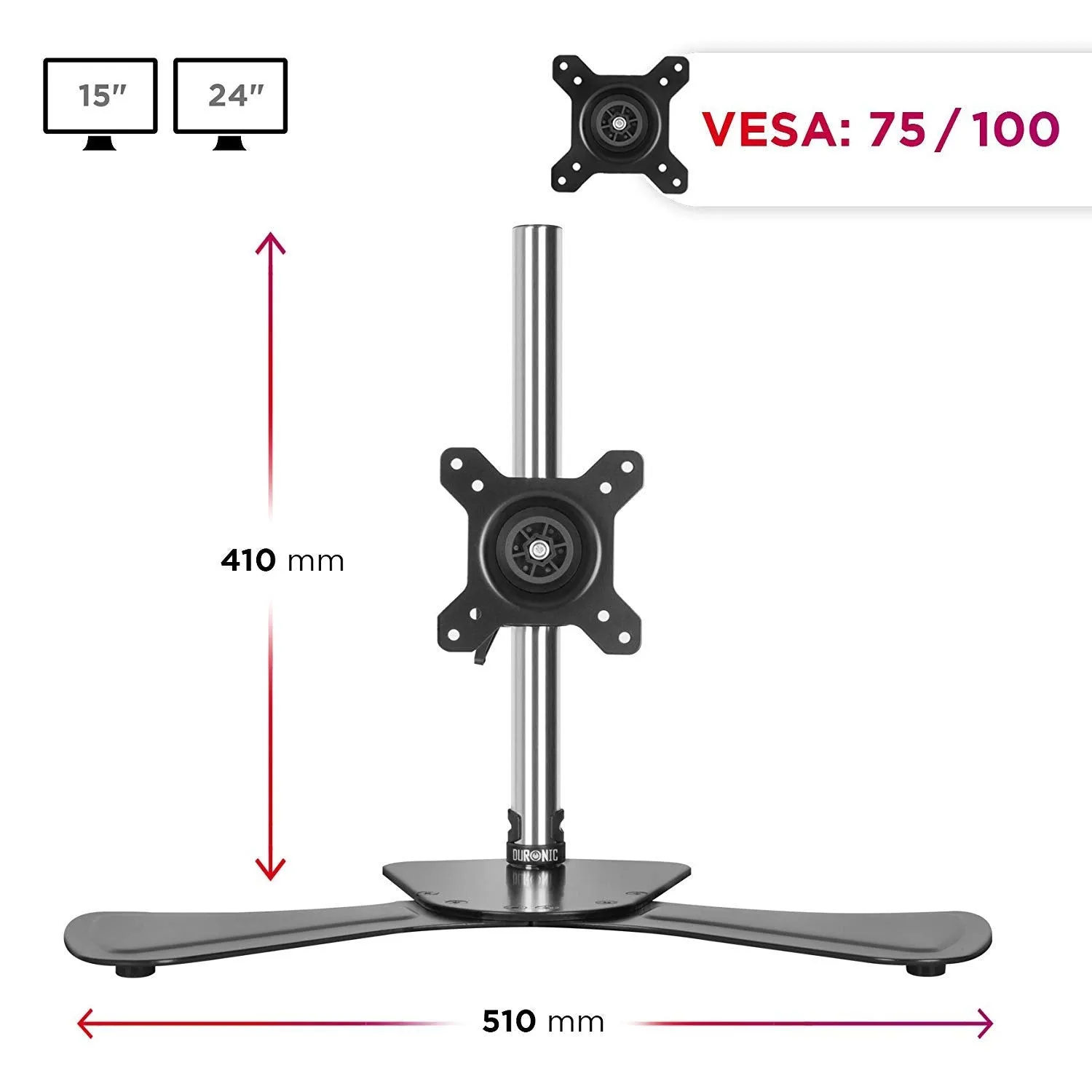 Duronic Computer Monitor Arms Stand DM751 Single Freestanding PC Arm Desk Mount Adjustable Stands for VESA 75/100 One 15-24 Inch LED LCD Screen 8kg Capacity Mounts Tilt -15/ 15 Rotate 360 - Black