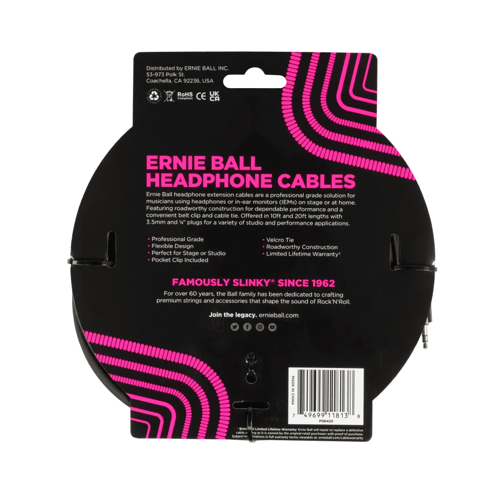 Ernie Ball Headphone Extension Cable 3.5Mm To 3.5Mm 20Ft - Black