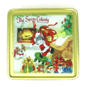 Gift Tin / Cookie Tin, Swiss Colony Christmas Chris Mouse, Gold Collectible Tin