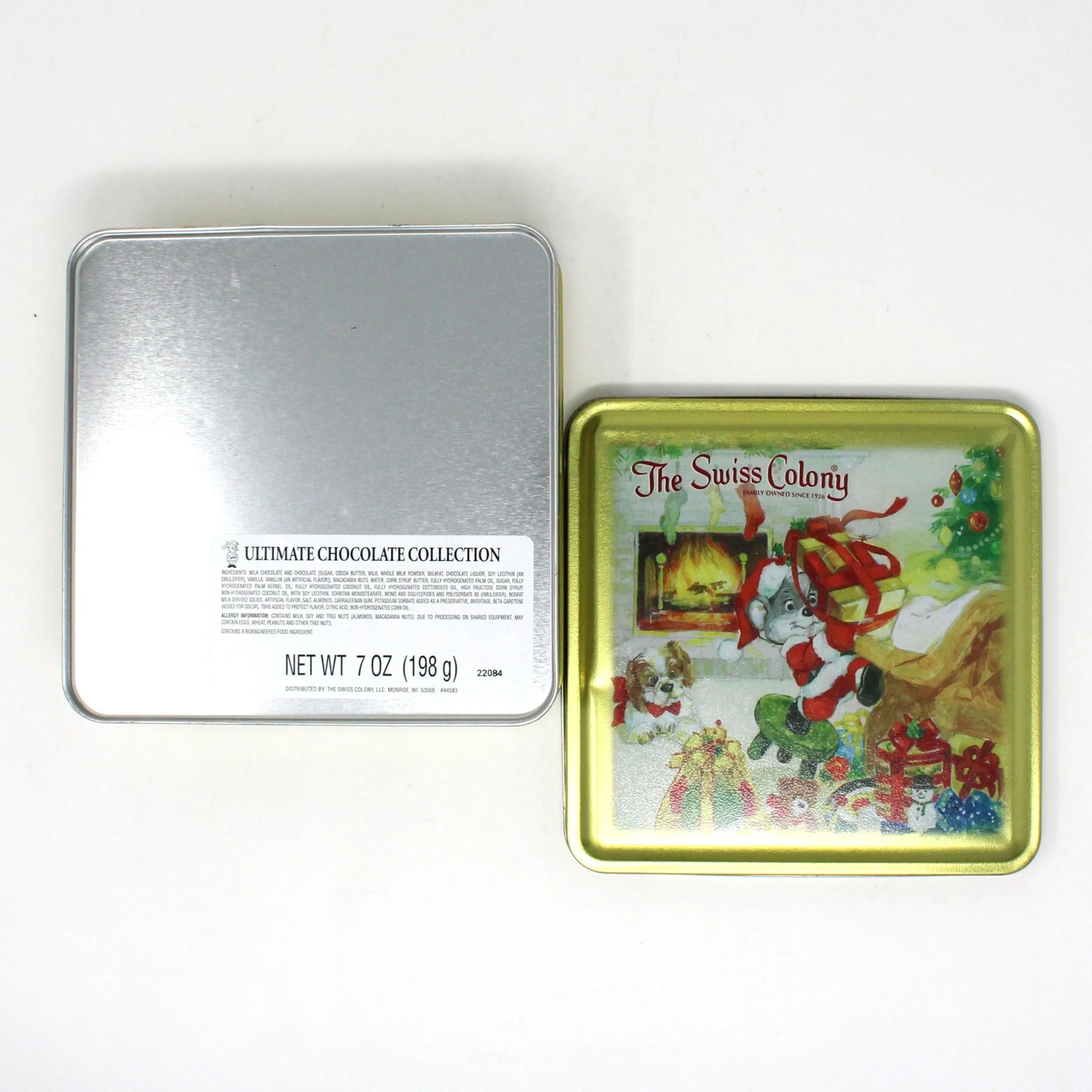 Gift Tin / Cookie Tin, Swiss Colony Christmas Chris Mouse, Gold Collectible Tin