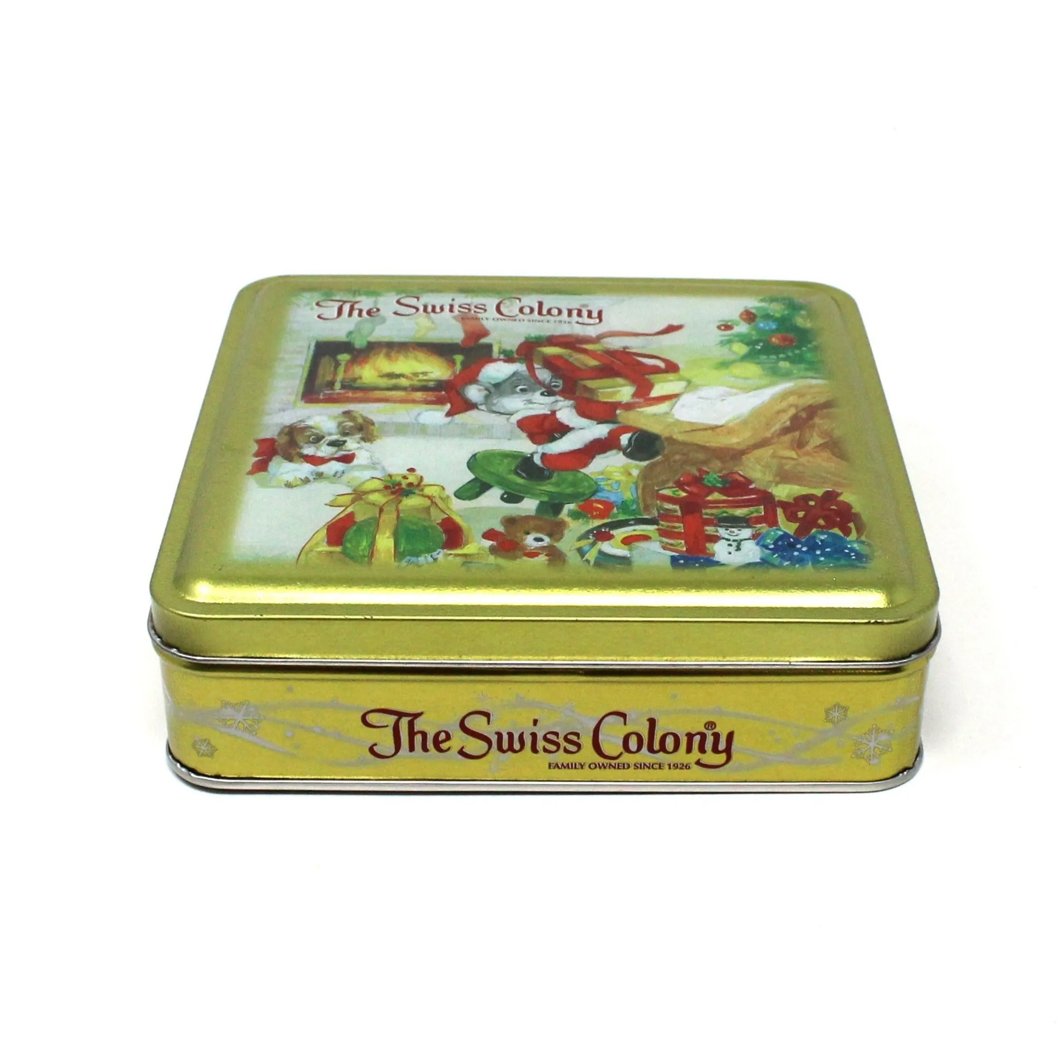 Gift Tin / Cookie Tin, Swiss Colony Christmas Chris Mouse, Gold Collectible Tin