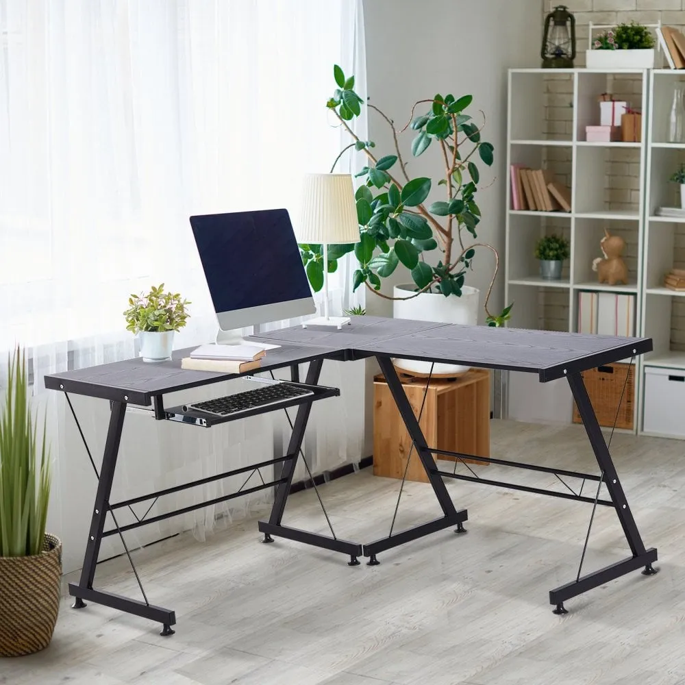 L Shaped Computer Desk W/ Keyboard Tray-Black