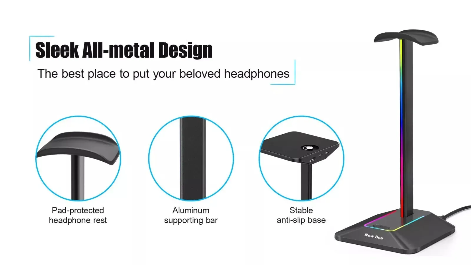 New Bee USB LED RGB Headphone Stand with 2 Charging Ports