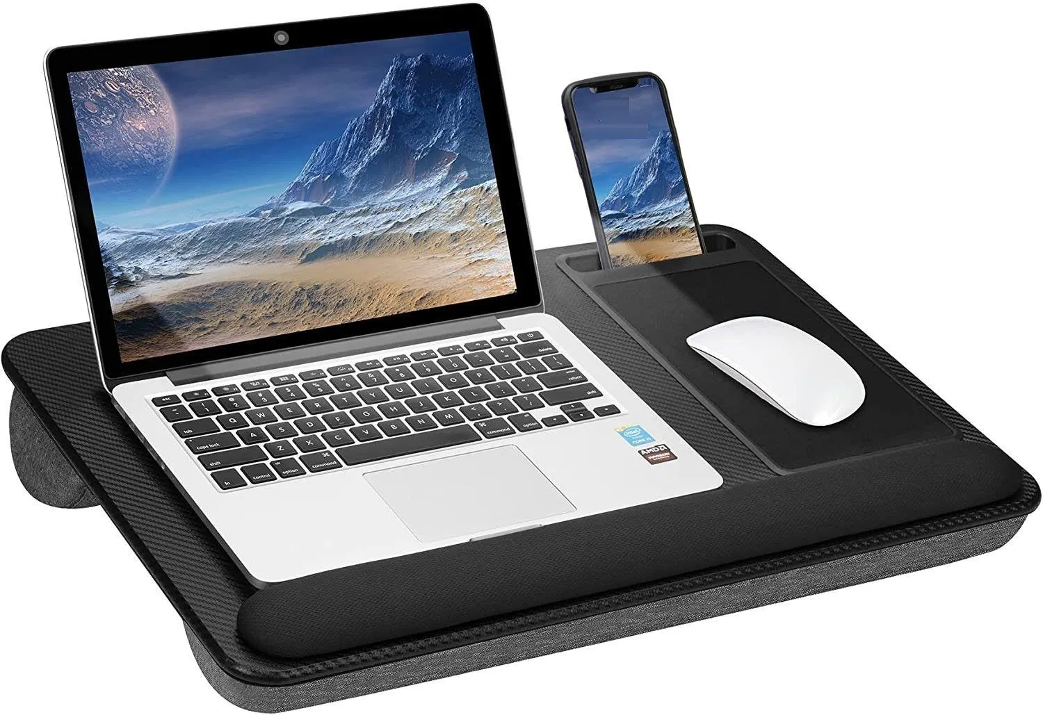 Portable Laptop Desk with Device Ledge, Mouse Pad and Phone Holder for Home Office (Black, 43cm)