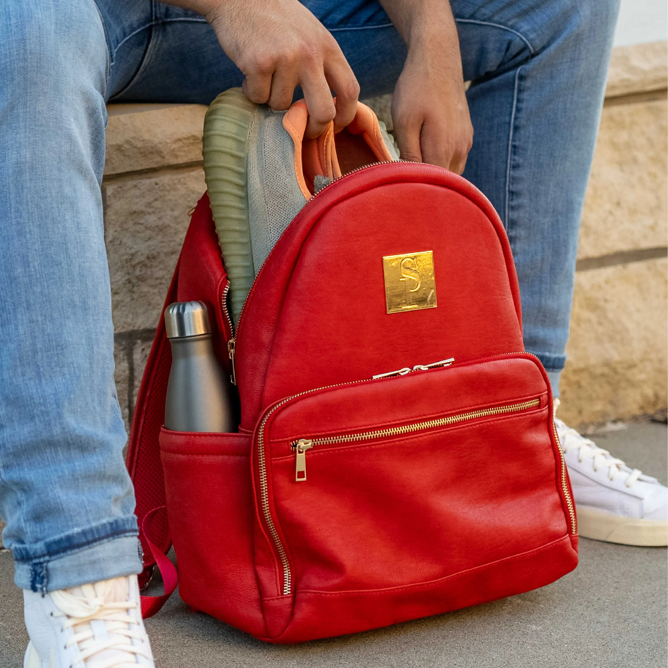 Red Carrier Leather Backpack