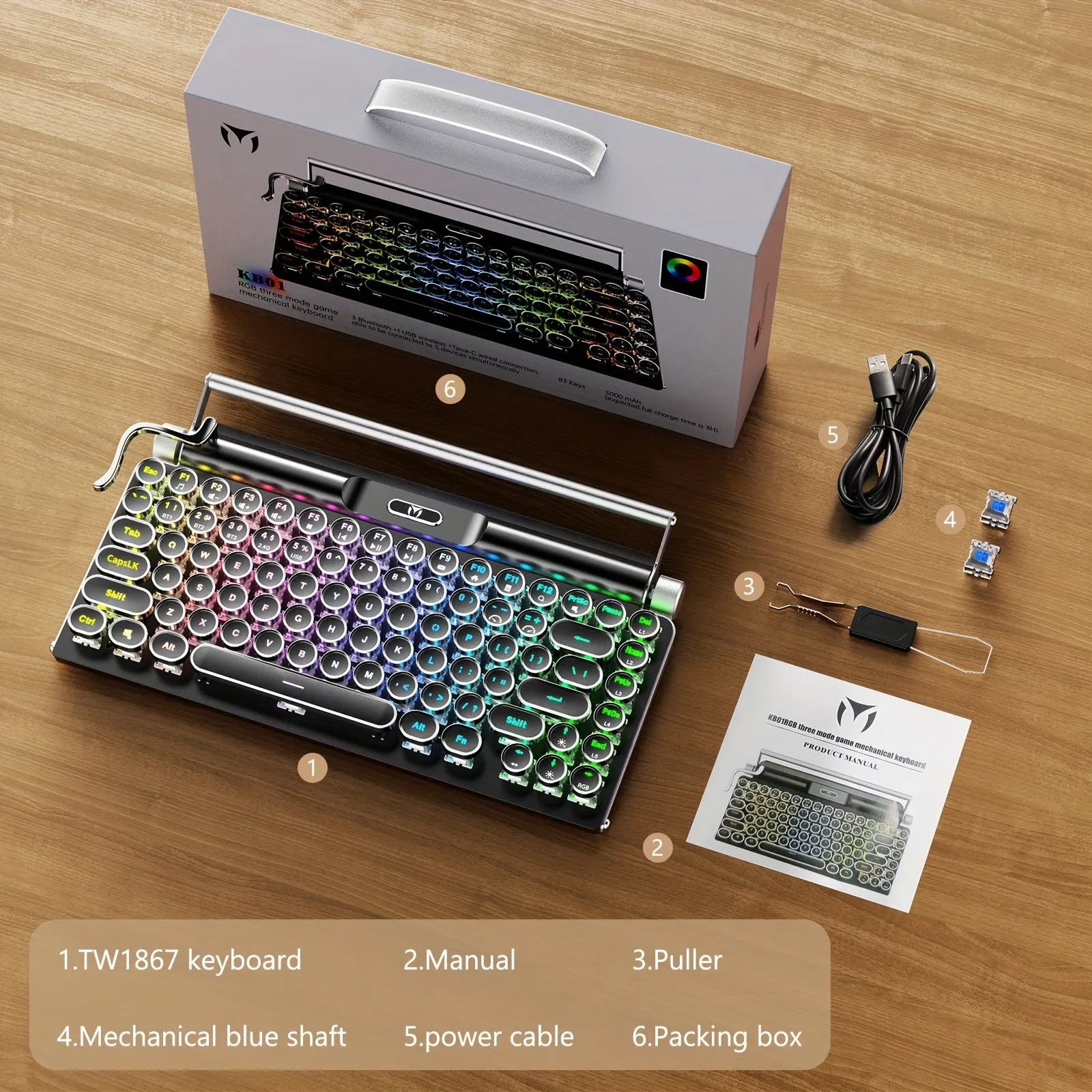 RGB Three-mode Gaming Mechanical Keyboard, 3000mah Capacitor, Transmission Mode: 3 BT Wireless   1 2.4G USB Interface   TPYE-C Wired Connection, Can Connect 5 Devices At The Same Time, USB 2.0