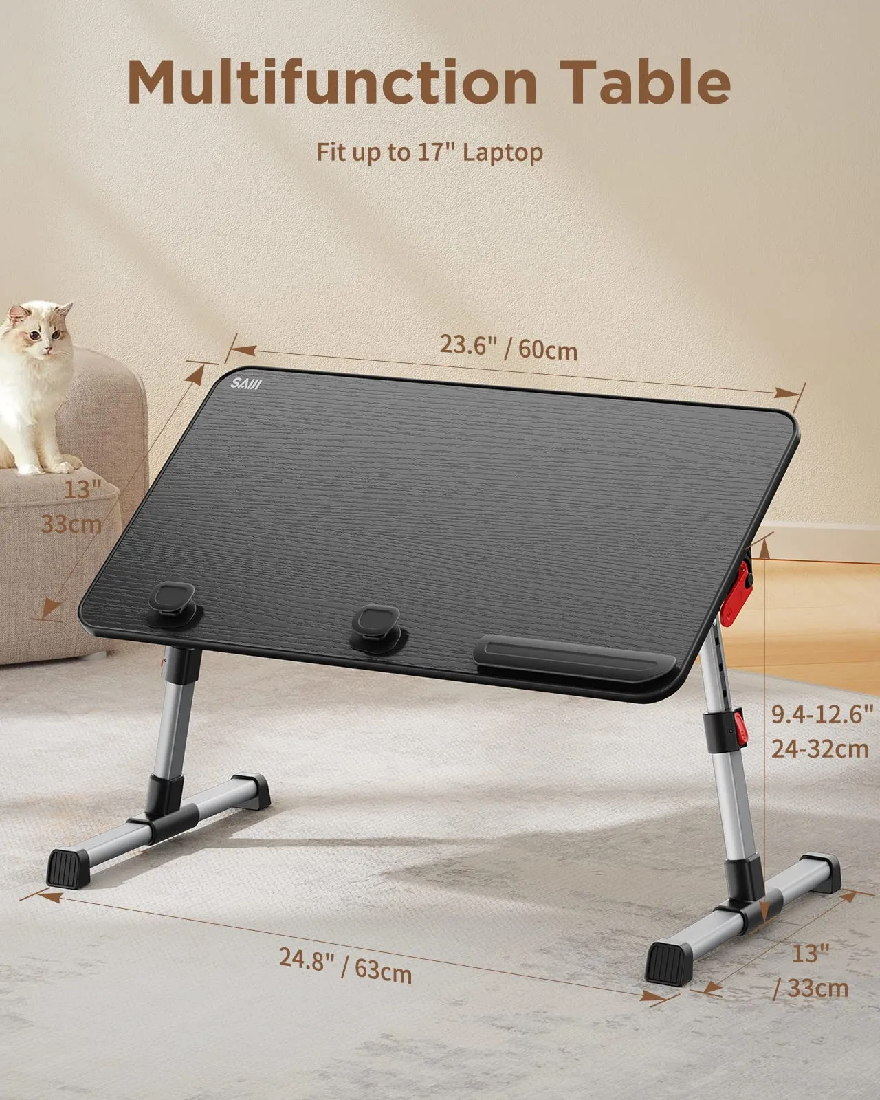 SAIJI MDF,Aluminum Alloy,Silicon Gel Laptop Bed Tray Table,Saiji Adjustable For Laptop Stand,(Black) (Large (60CmX33Cm),Black)