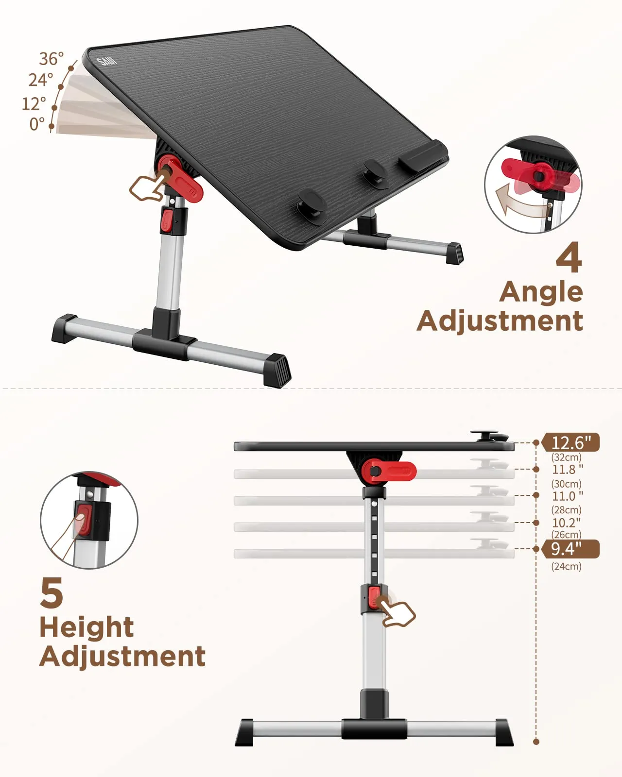 SAIJI MDF,Aluminum Alloy,Silicon Gel Laptop Bed Tray Table,Saiji Adjustable For Laptop Stand,(Black) (Large (60CmX33Cm),Black)