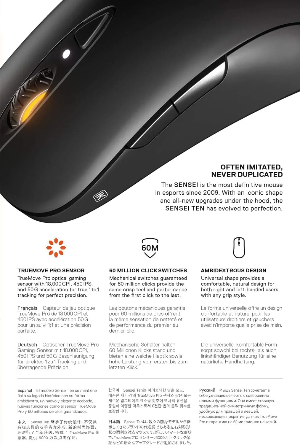 SteelSeries Sensei Ten - Gaming Mouse - 18, 000 CPI Truemove Pro Optical Sensor - Ambidextrous design - 8 Programmable Buttons - RGB Lighting - Black