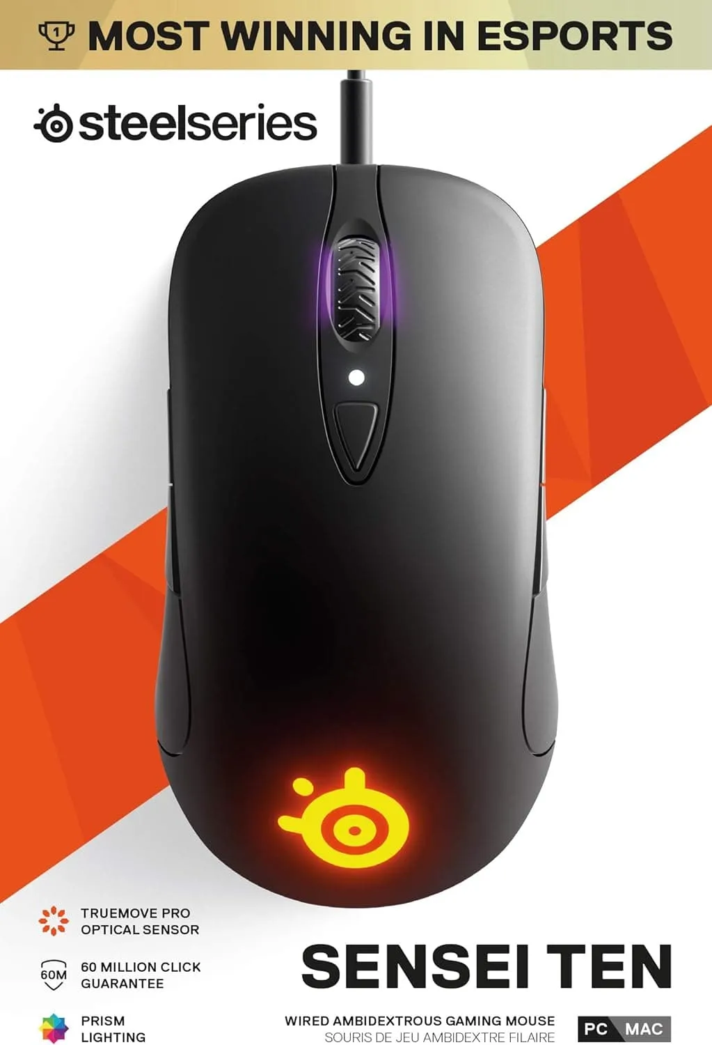 SteelSeries Sensei Ten - Gaming Mouse - 18, 000 CPI Truemove Pro Optical Sensor - Ambidextrous design - 8 Programmable Buttons - RGB Lighting - Black