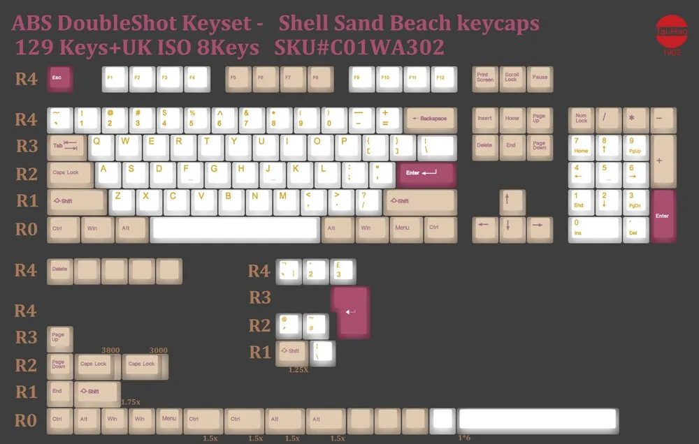 taihao Shell Sand Beach ABS double shot keycaps for diy gaming mechanical keyboard oem profile Beige Yellow Grey ISO 1.75u shift