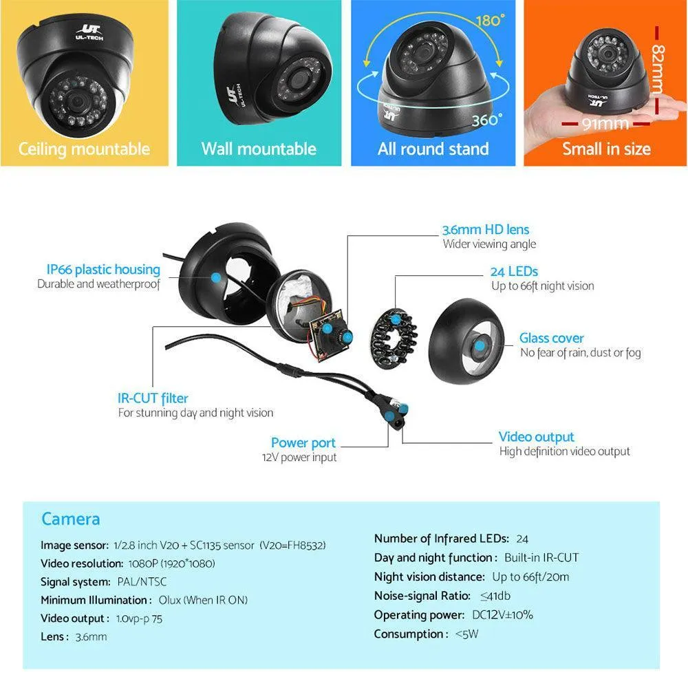 UL-tech 1080P CCTV Security Camera 8CH Dome DVR