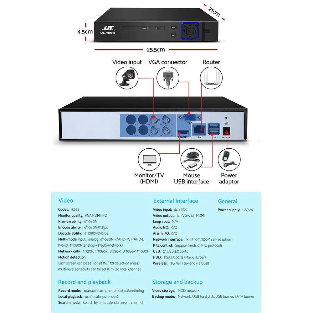 UL-TECH 4CH 5 IN 1 DVR CCTV Security System Video Recorder 4 Cameras 1080P HDMI Black