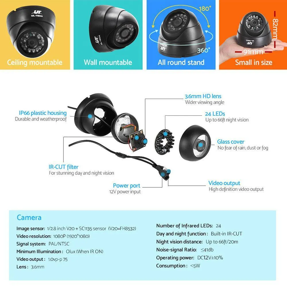 UL-tech CCTV Security Home Camera System DVR 1080P Day Night 2MP IP 4 Dome Cameras 1TB Hard disk