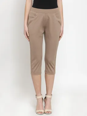 Women Beige Solid Capri