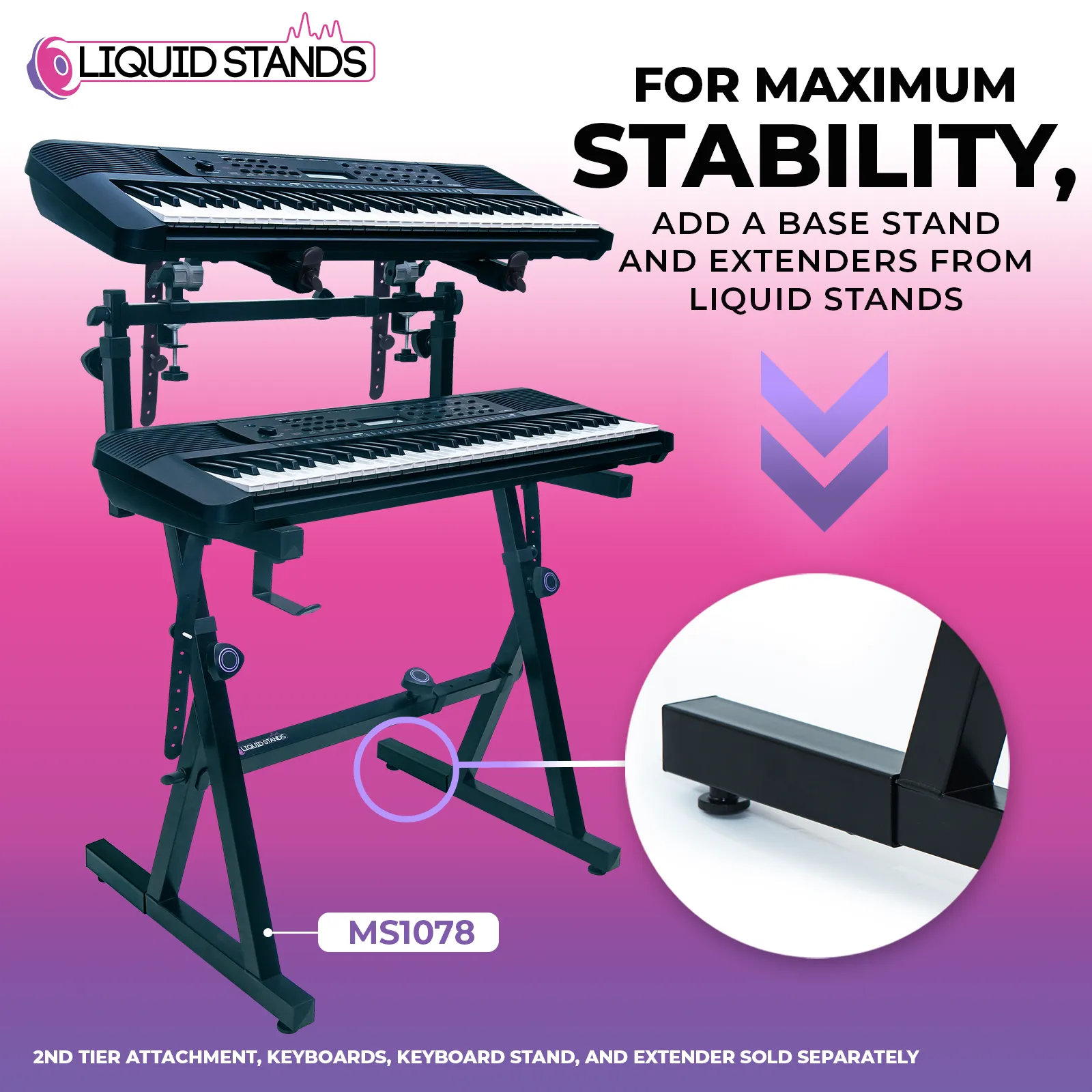 WS Adjustable 2-Tier Keyboard Stand Extender - Arms Only with Straps