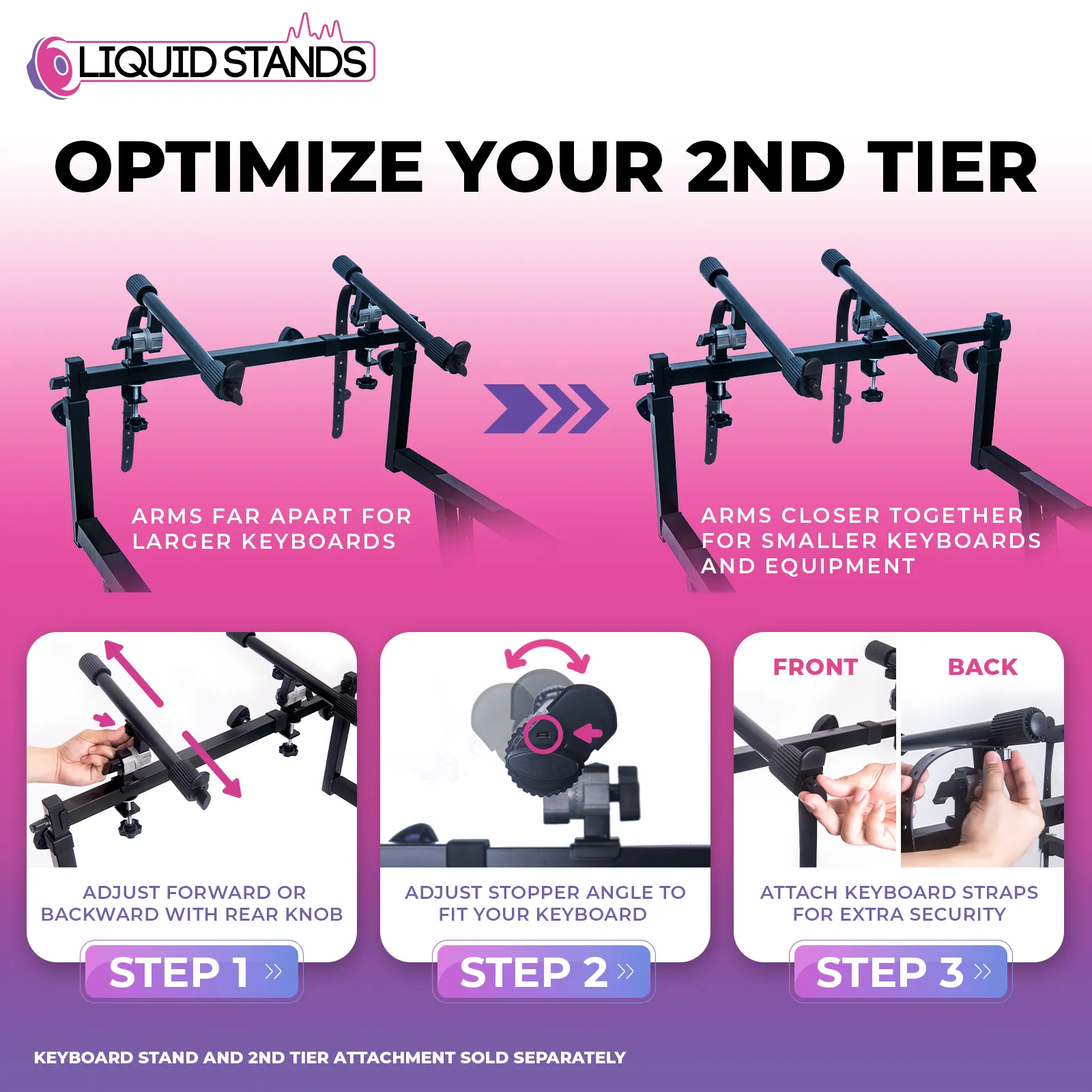 WS Adjustable 2-Tier Keyboard Stand Extender - Arms Only with Straps